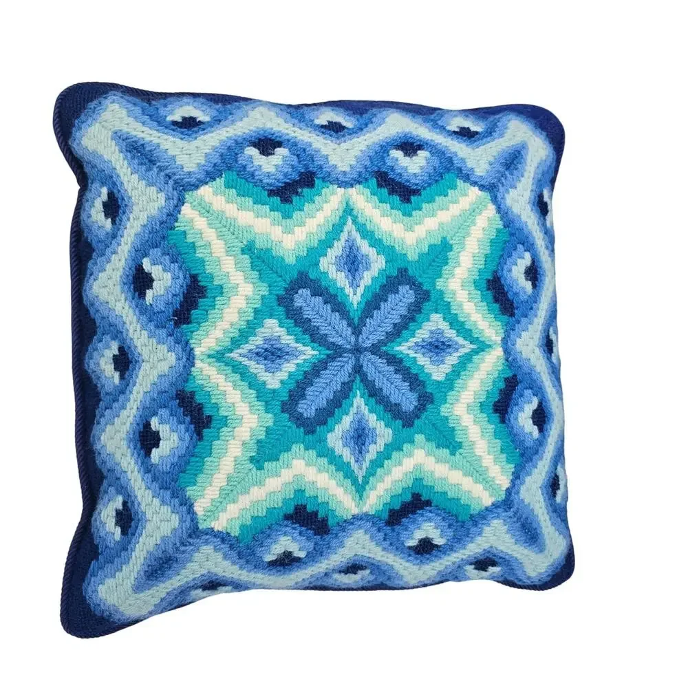 Vtg Bucilla Bargello Needlepoint Pillow Geometric Kaleidoscope 70s MCM Blue 12